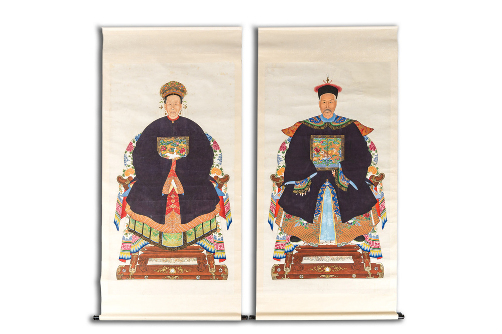 Chinese school, ink and colour on paper: 'Pair of ancestor portraits', ca. 1900