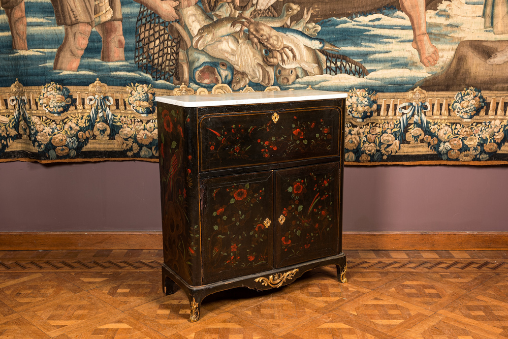 A French painted wooden sideboard with birds on blossoming branches, 19th C.