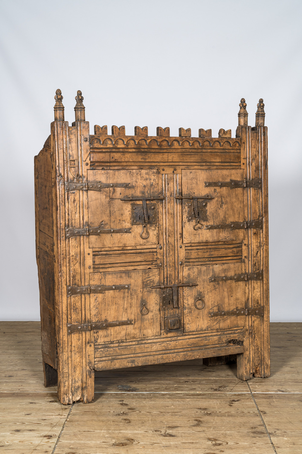 A Gothic wrought iron mounted wooden cabinet, Germany or France, 15/16th C. and later