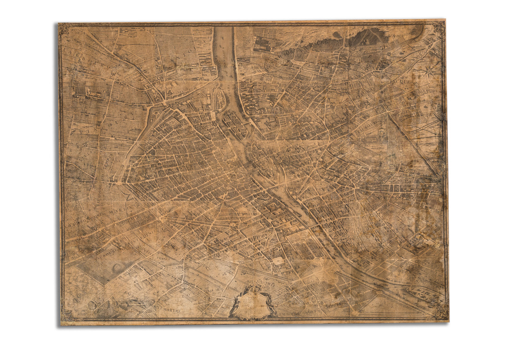 Michel Etienne Turgot (1690-1751): Plan de Paris, gravure sur papier, mont&eacute; sur ch&acirc;ssis en bois, ca. 1739