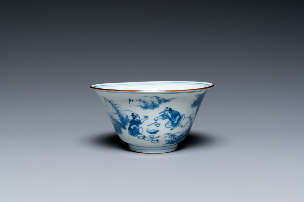 A Chinese blue and white bowl with fishermen at lunch, Chenghua mark, Kangxi