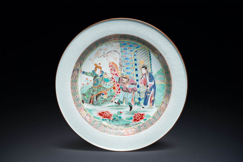 A rare large deep Chinese famille rose dish with fine figurative design, Yongzheng