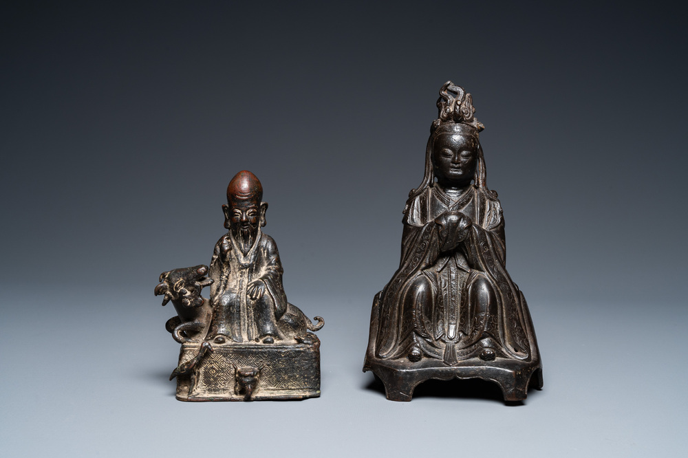 Two Chinese bronze sculptures of Shou Lao and Guanyin, Ming