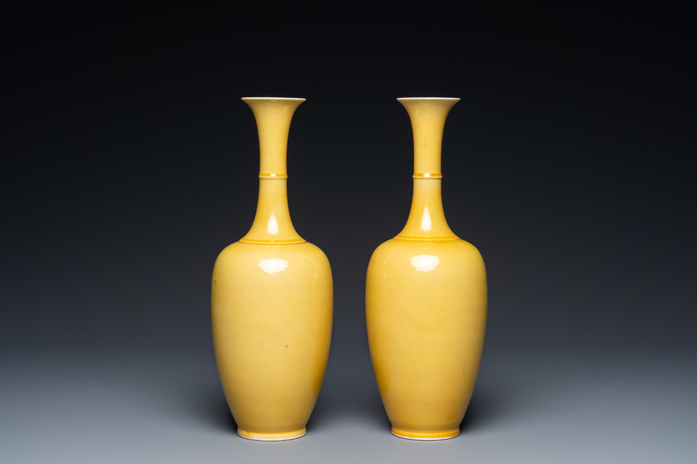 A pair of Chinese yellow-glazed vases, Kangxi mark, 20th C.