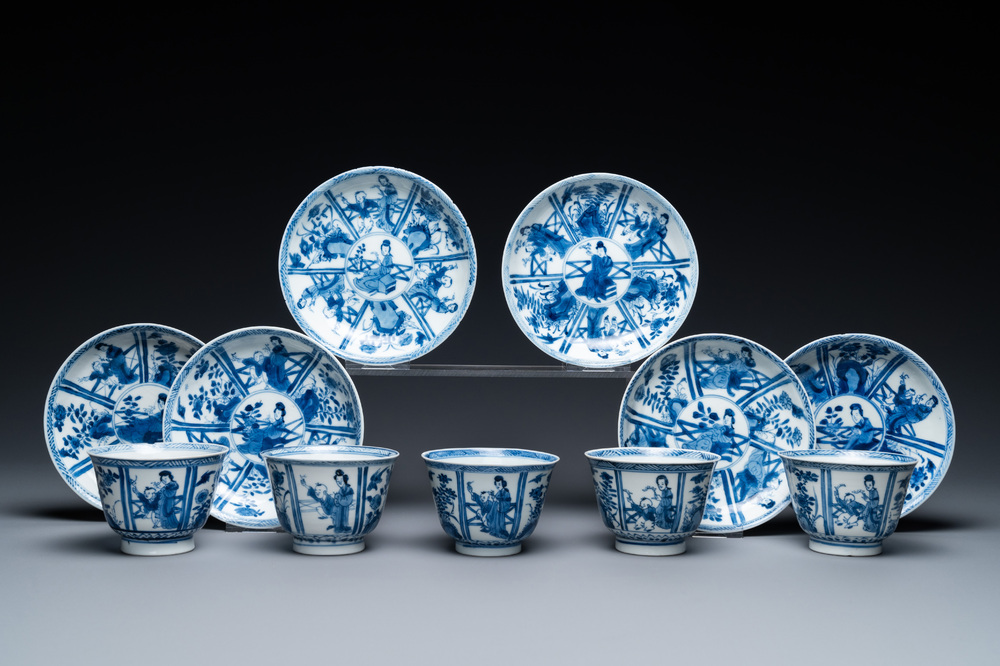 Six Chinese blue and white saucers and five cups, Qi Yu Tang Zhi 