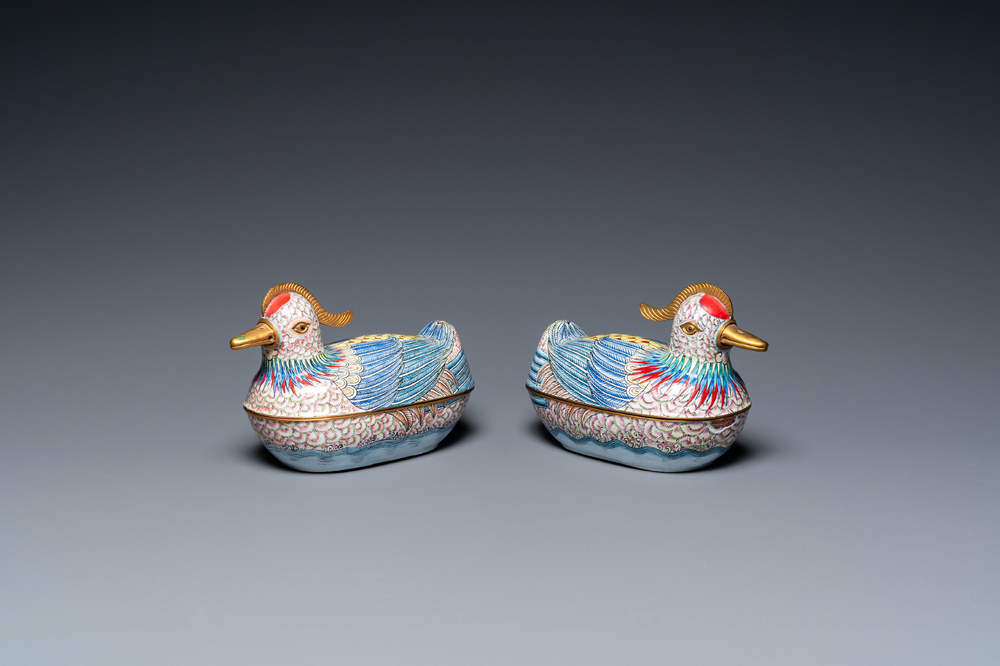 A pair of Chinese Canton enamel censers and covers in the shape of ducks, 19th C.