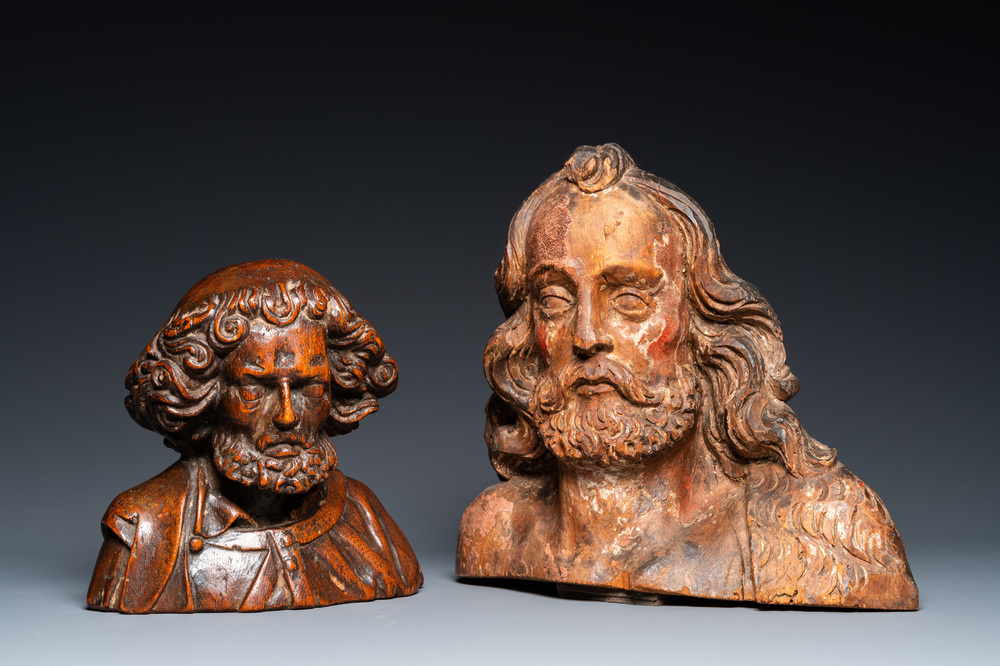 Two carved wooden busts of saints, Italy or France, 17th C.