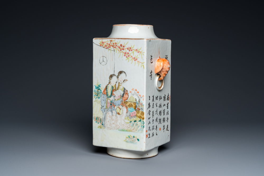 Vase de forme 'cong' en porcelaine de Chine qianjiang cai, sign&eacute; Pan Zhinan 潘植南, dat&eacute; 1898