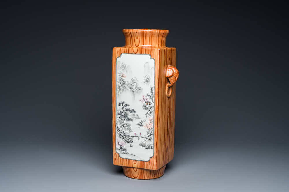 A Chinese grisaille and faux bois 'cong' vase, Qianlong mark, 20th C.