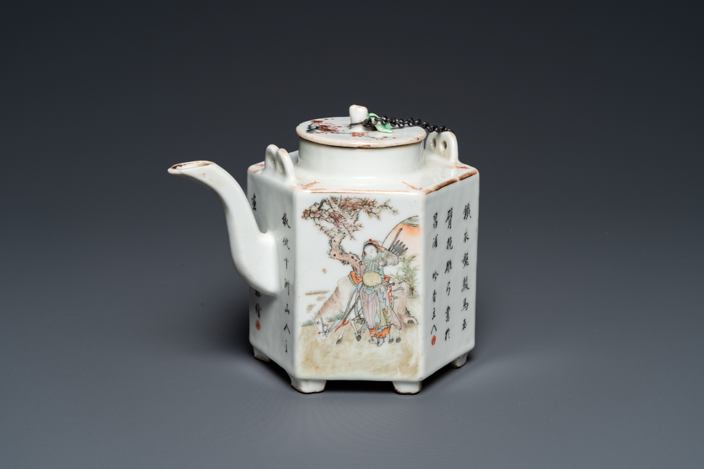A Chinese hexagonal qianjiang cai teapot, signed and with the seal 