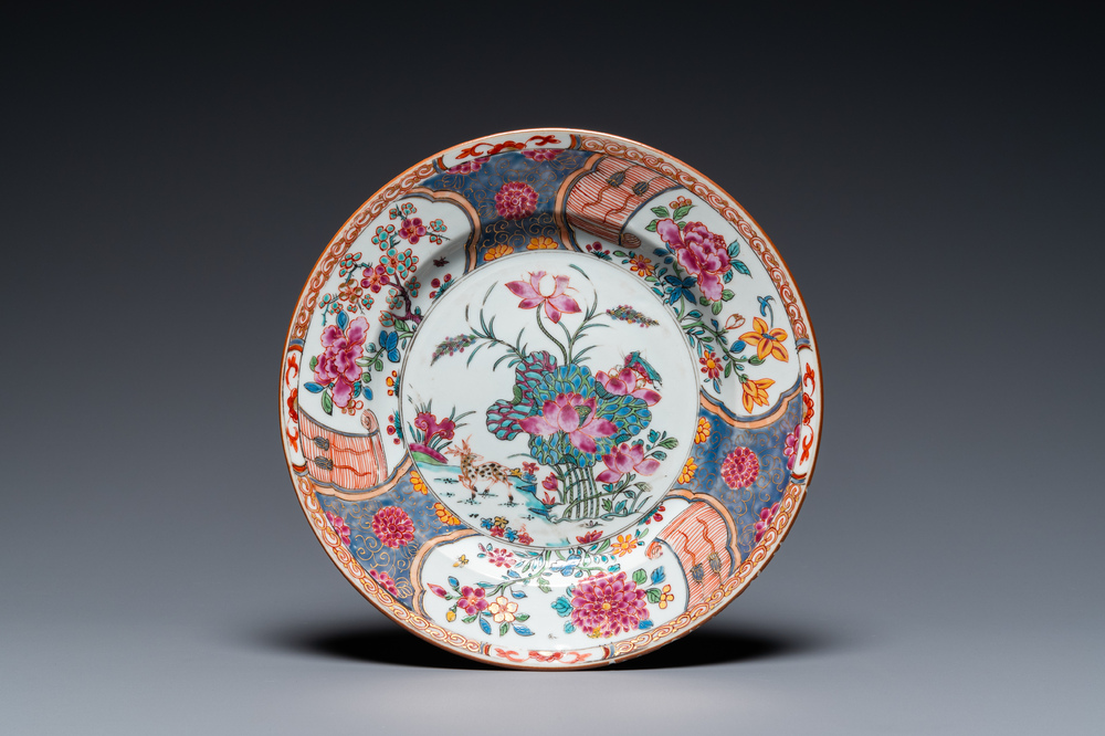 A Chinese famille rose plate with a deer near a lotus pond, Yongzheng