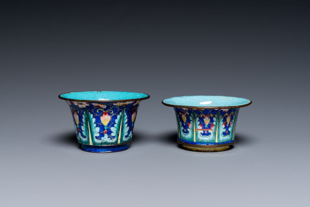 Two Chinese Canton enamel blue-ground bowls, Qianlong/Jiaqing