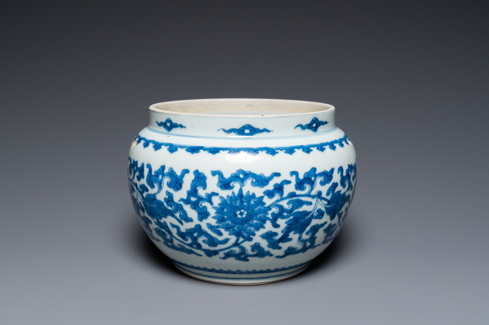 A Chinese blue and white 'lotus scroll' bowl, Kangxi