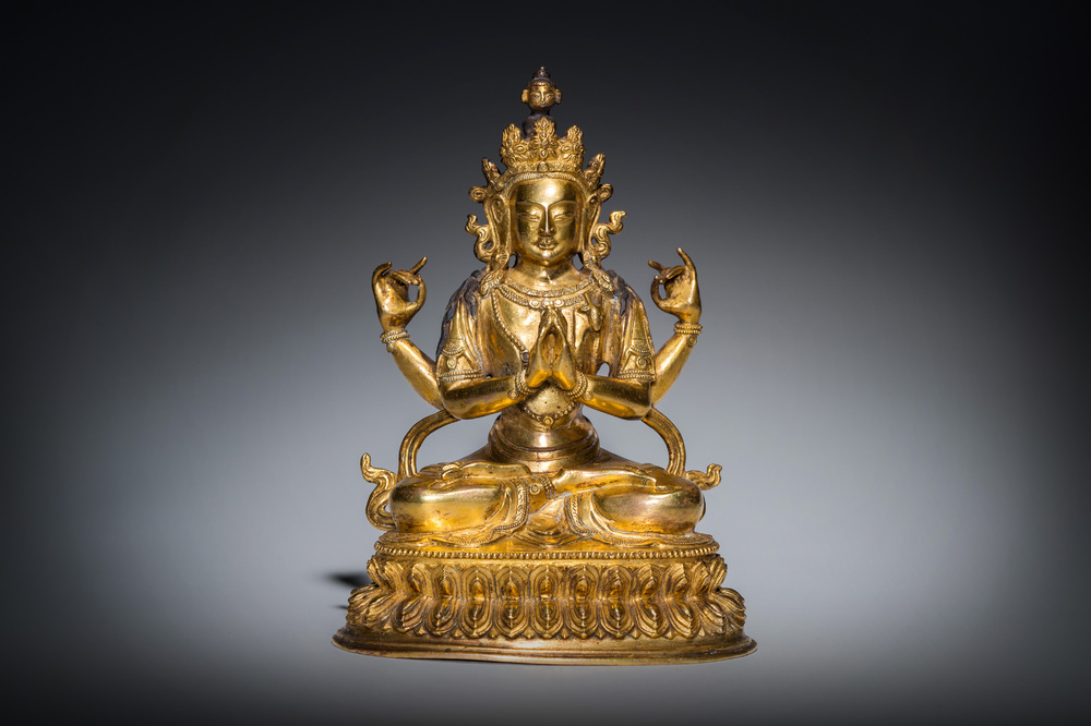 Statue d'Avalokitesvara en bronze dor&eacute;, Chine, marque et &eacute;poque de Yongzheng