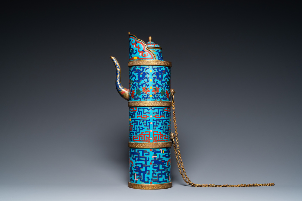 A large Chinese cloisonn&eacute; Tibetan-style 'duomuhu' ewer, marked, Republic