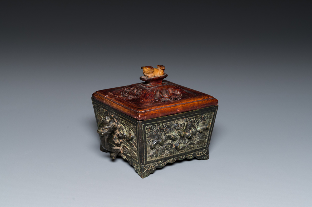 A Chinese inscribed square bronze censer, Ming