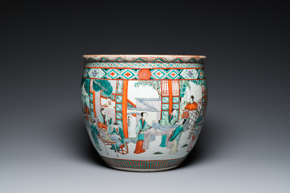 A Chinese famille verte 'silk production' fish bowl, 19th C.