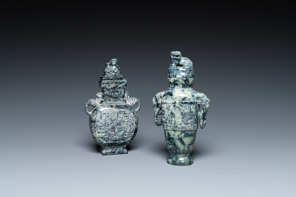 Two Chinese carved marble vases and covers, Qing