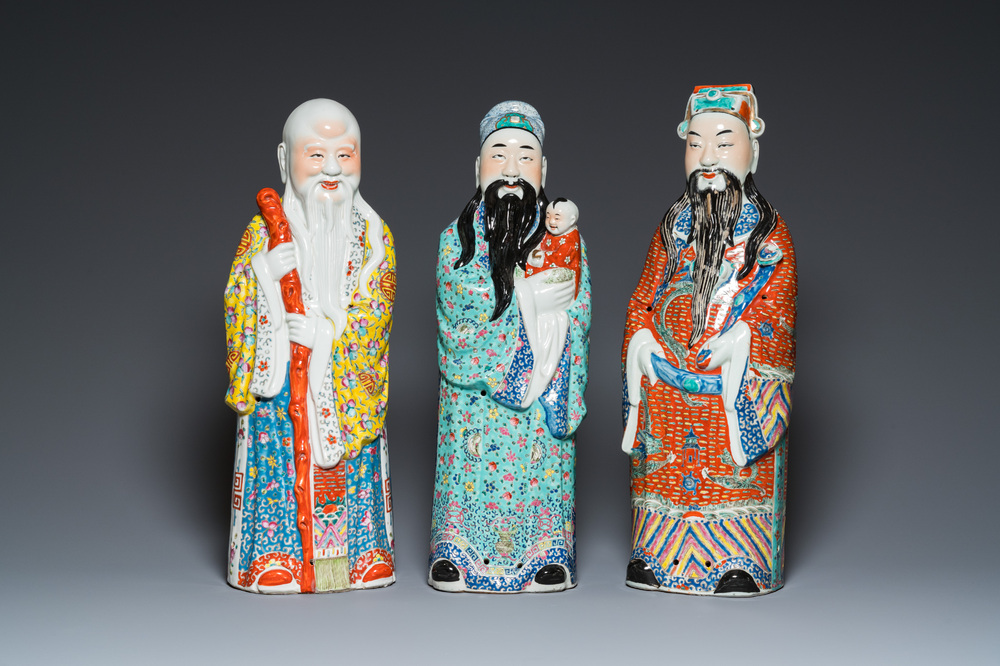 Three Chinese famille rose figures of star gods, Mao Ji Sheng Zao 茂記生造 mark, 19/20th C.