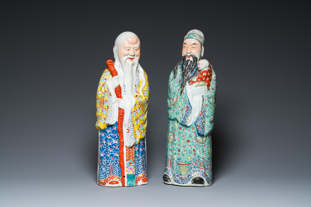 Two Chinese famille rose figures of star gods, Mao Ji Sheng Zao 茂記生造 mark, 19/20th C.