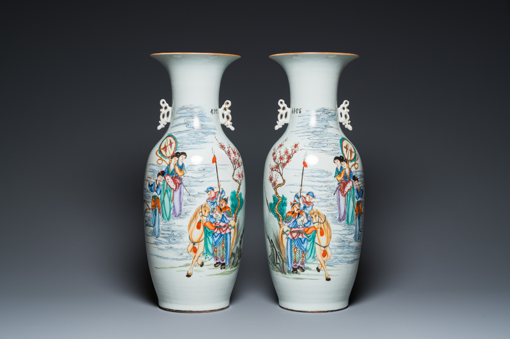 Paire de vases en porcelaine de Chine famille rose &agrave; sujet mythologique, sign&eacute;s Han Zhengtai 韓正泰, 19/20&egrave;me