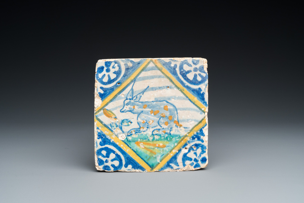 A polychrome maiolica tile with a spotted rabbit, Antwerp or Middelburg, late 16th C.