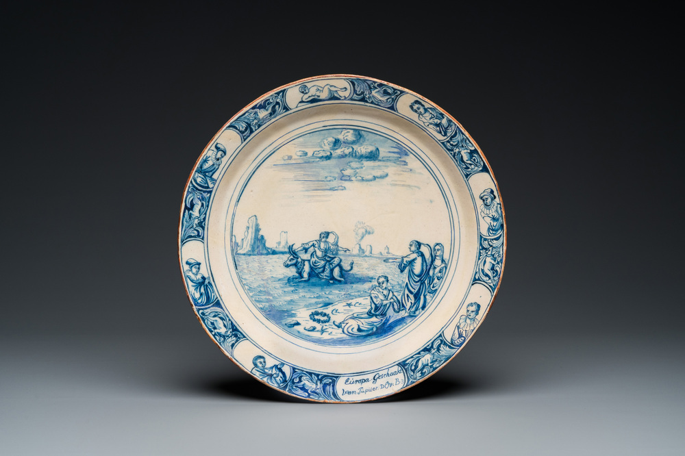 A Dutch Delft blue and white 'The abduction of Europa' dish, 1st quarter 18th C.