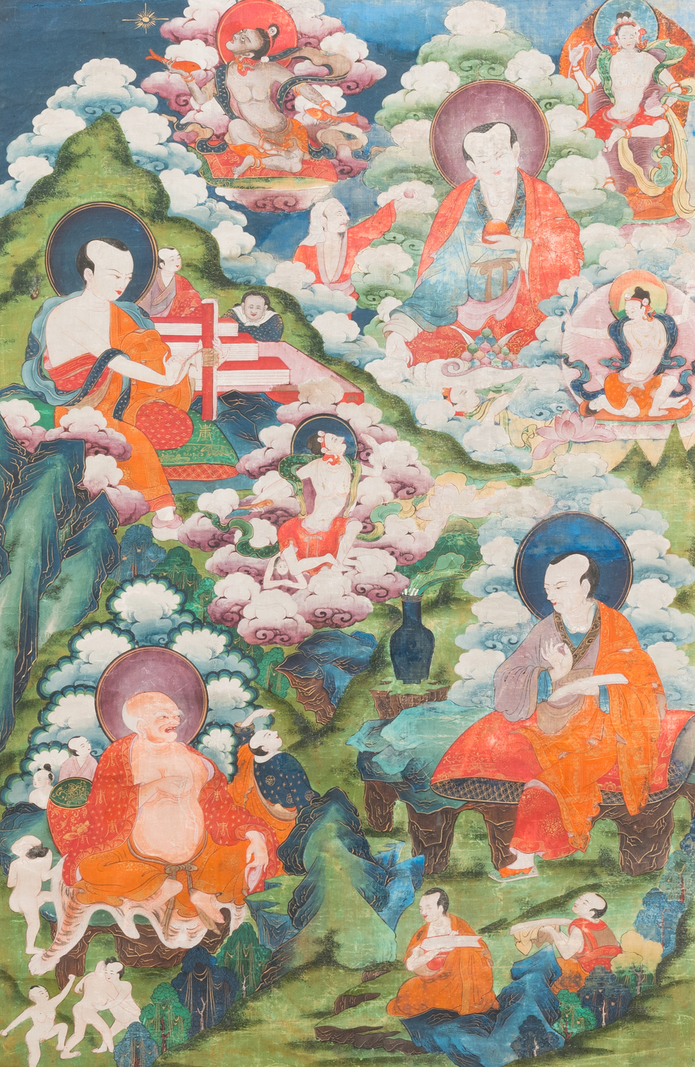 Thangka figurant quatre Luohans entour&eacute;s de divinit&eacute;s, Tibet, 17/18&egrave;me