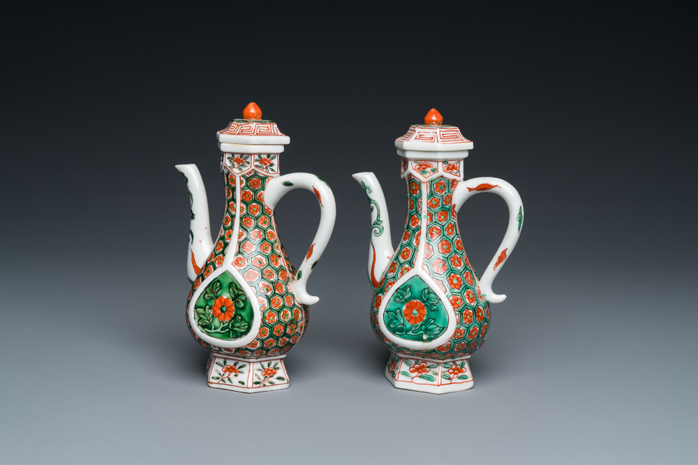 Two Chinese famille verte ewers and covers, Kangxi