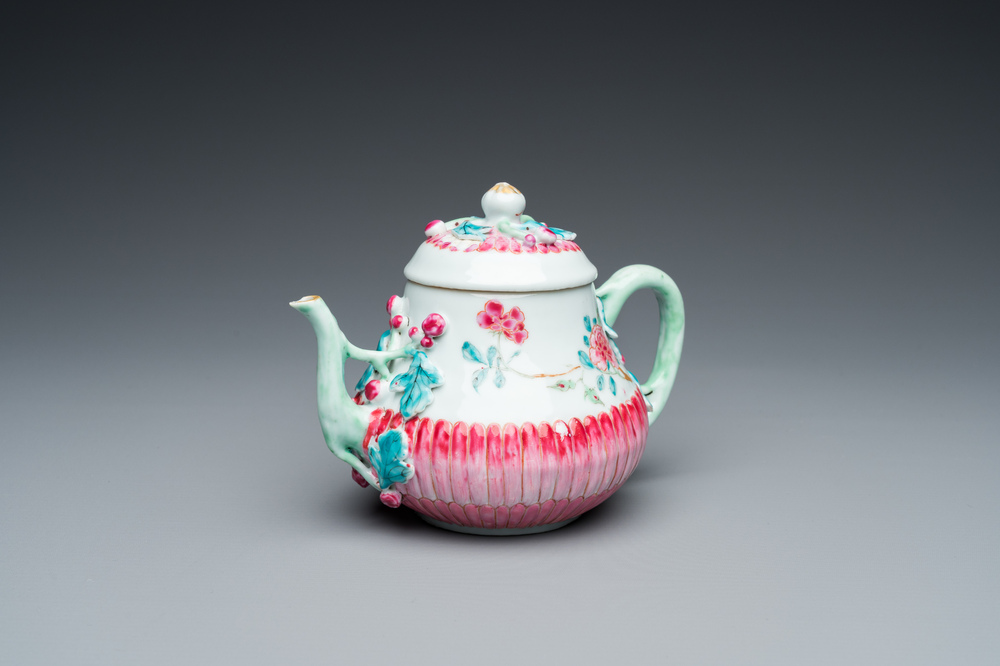 A Chinese famille rose 'lotus' teapot and cover, Yongzheng