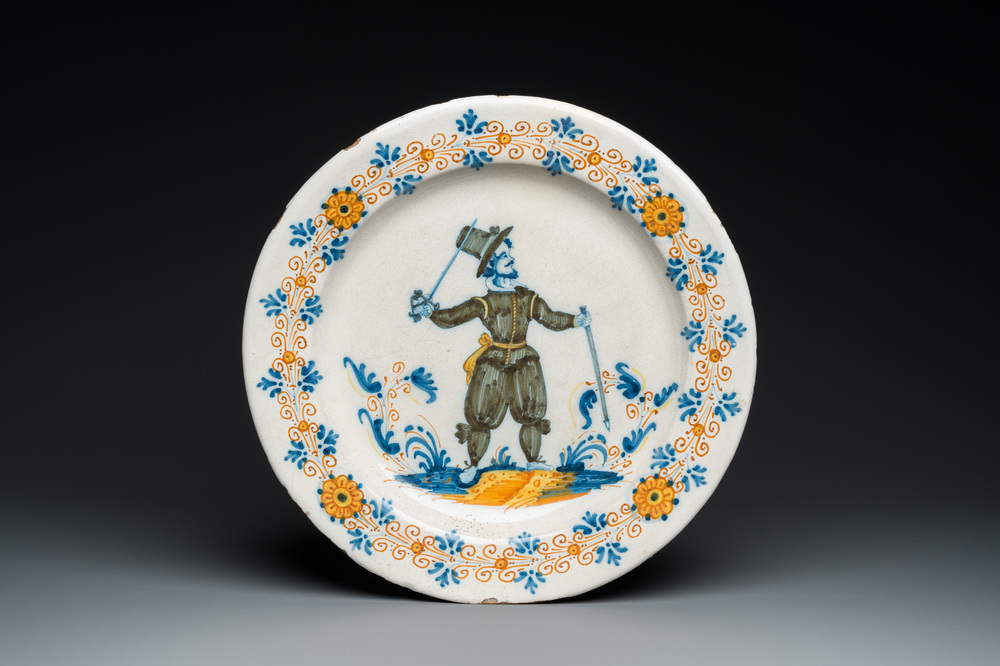 A polychrome Italian maiolica 'soldier' dish, workshop of Giacomo Mancini, Deruta, 1st half 17th C.