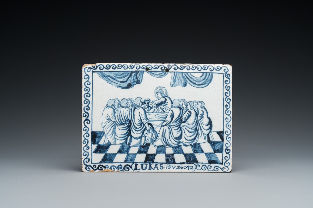 Plaque de forme rectangulaire en fa&iuml;ence de Delft en bleu et blanc &agrave; d&eacute;cor de 'La C&egrave;ne', probablement Amsterdam, 18&egrave;me