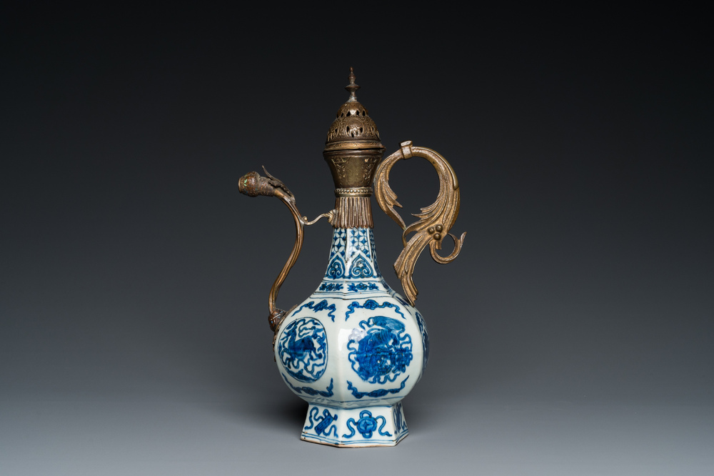 A Chinese blue and white gilt-bronze mounted vase transformed into a ewer for the Ottoman market, Jiajing