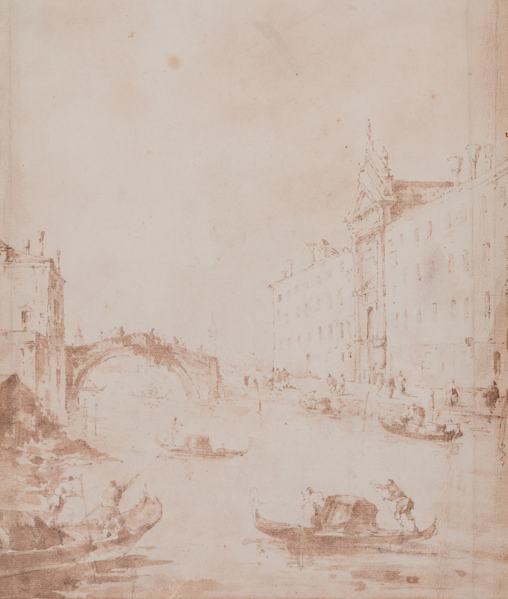 Francesco Guardi (1712-1792, attr. &agrave;): Vue sur la Rio dei Mendicanti, Venise, encre brune sur papier, vers 1780