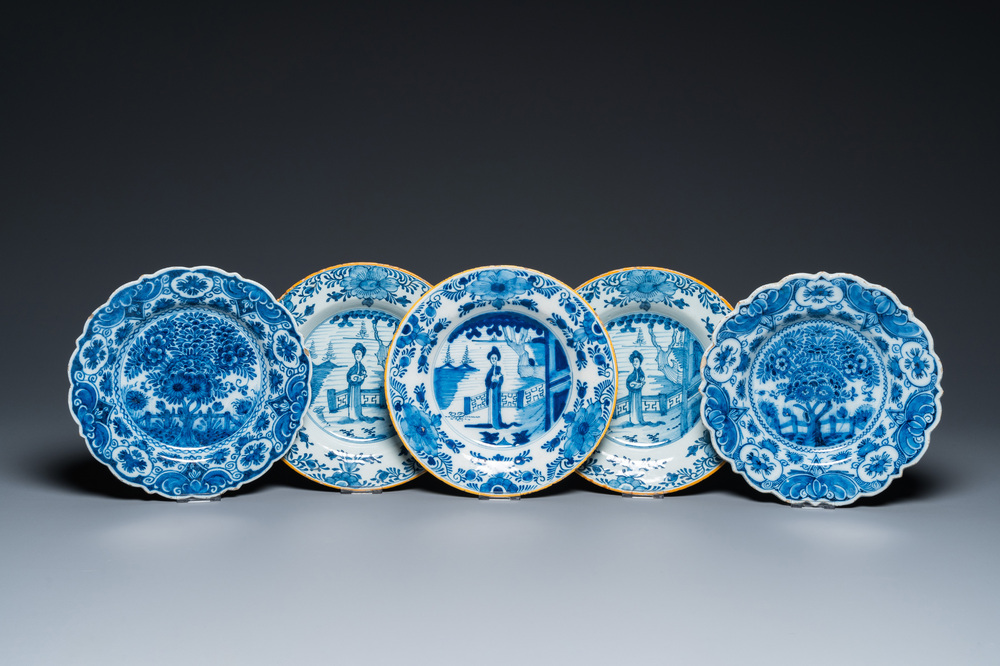 Five Dutch Delft blue and white plates, 18th C.