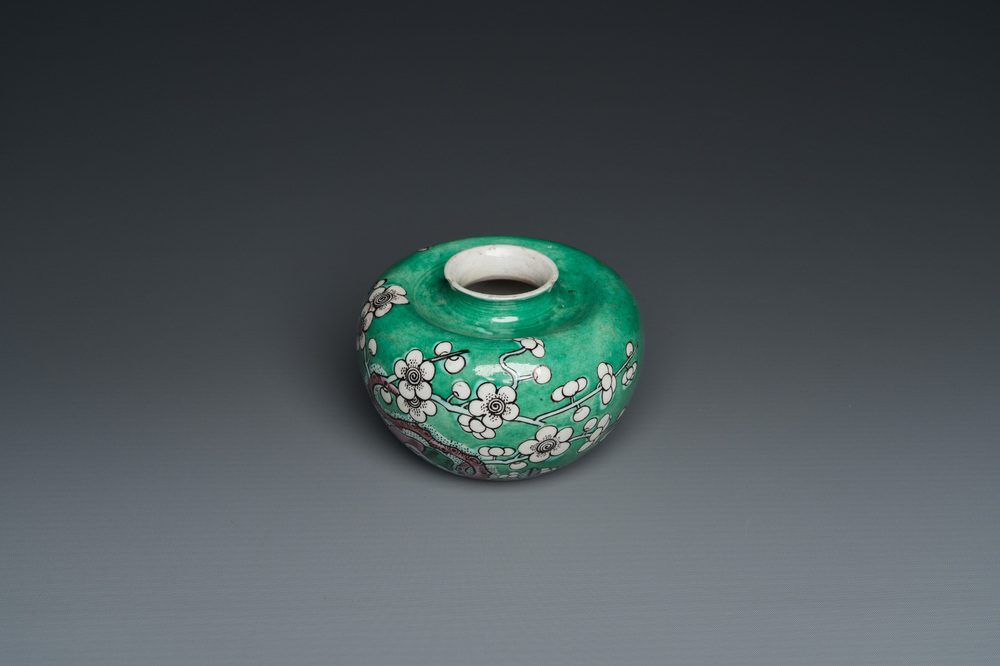 A Chinese verte biscuit 'prunus flowers' water pot, 19th C.