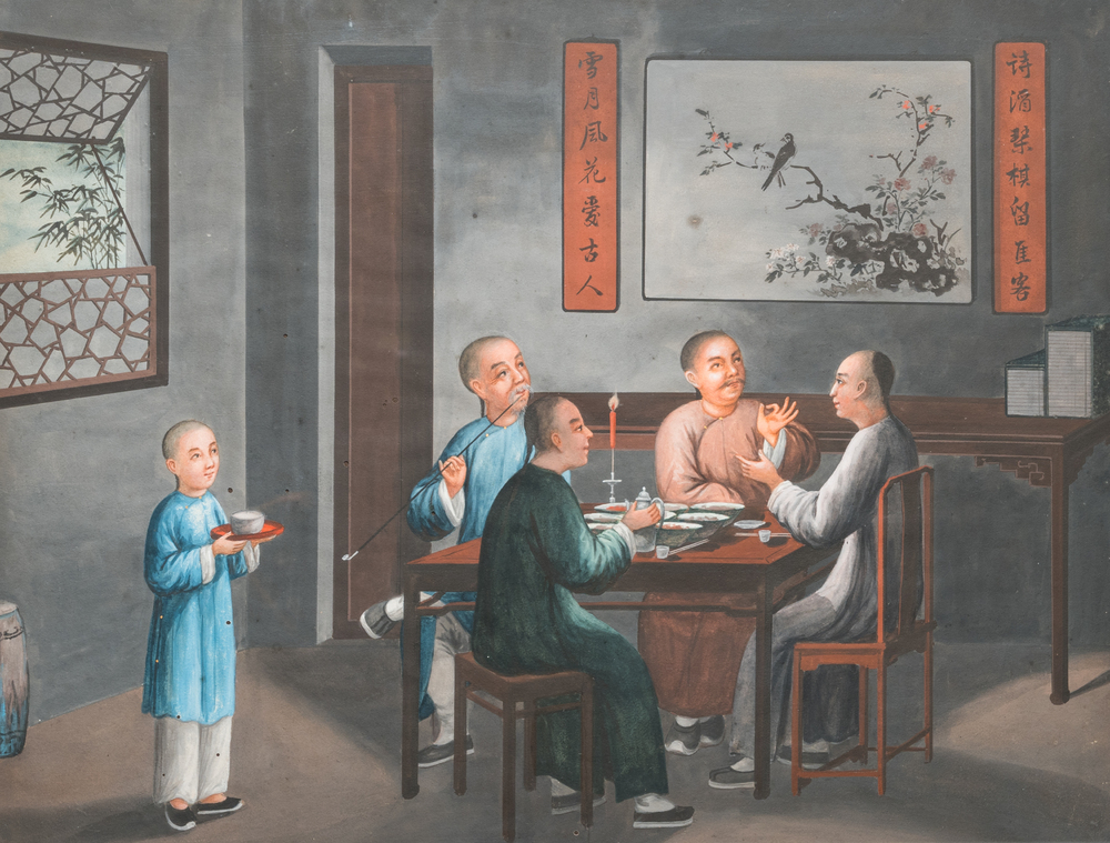 Canton school, China, 19e eeuw: 'Geanimeerd interieur', gouache op papier