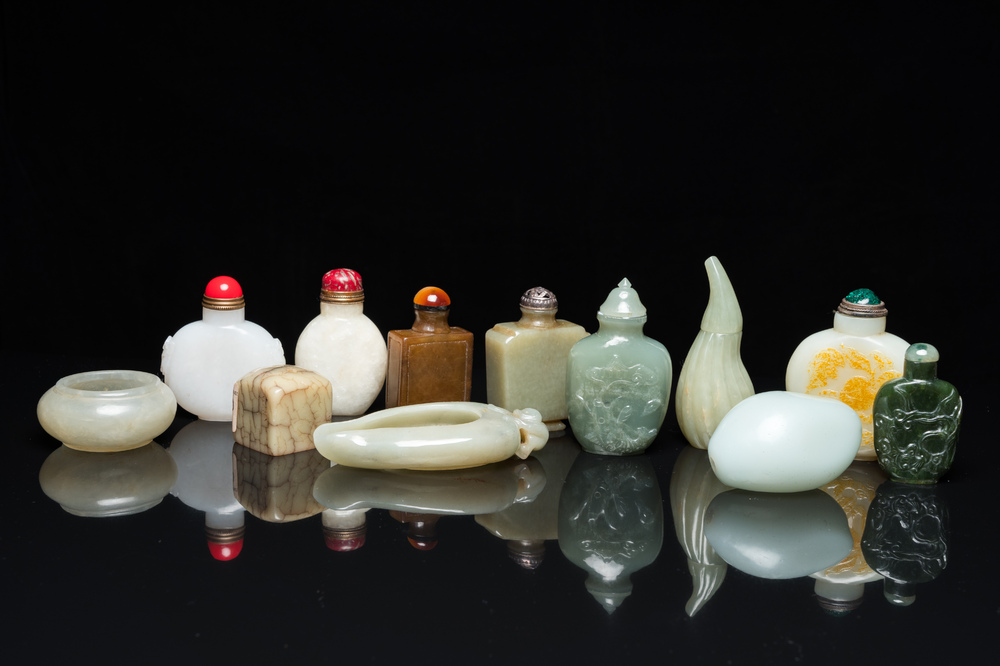 Nine Chinese jade snuff bottles, two brush washers and a seal, Qing and Republic