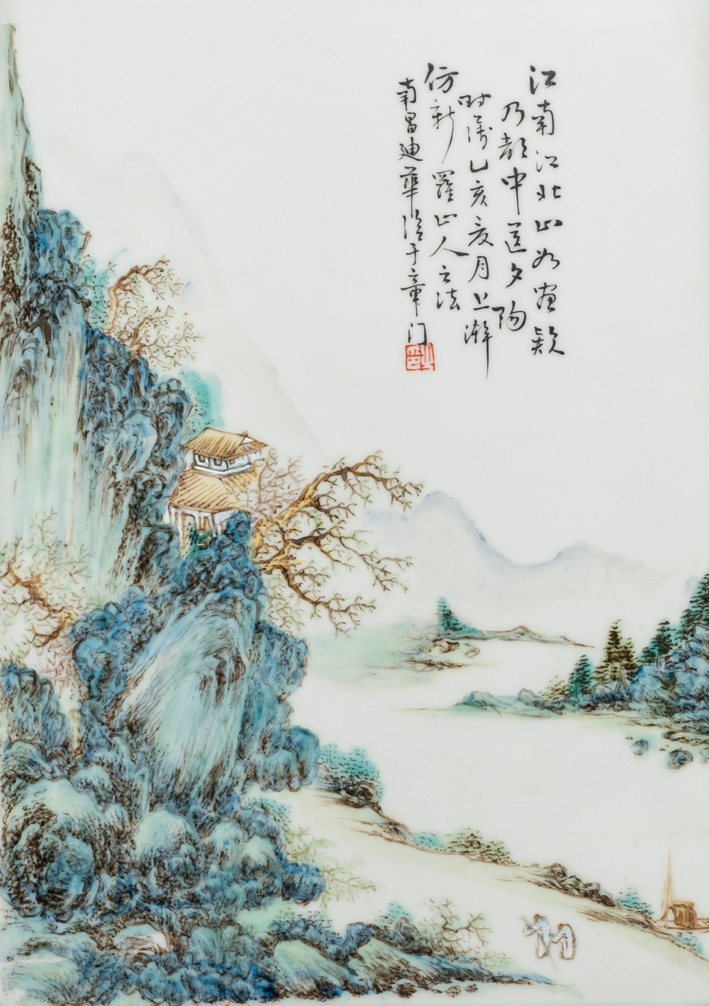 Een Chinese qianjiang cai plaquette met een berglandschap, gesign. Di Hua 迪華, gedateerd 1935