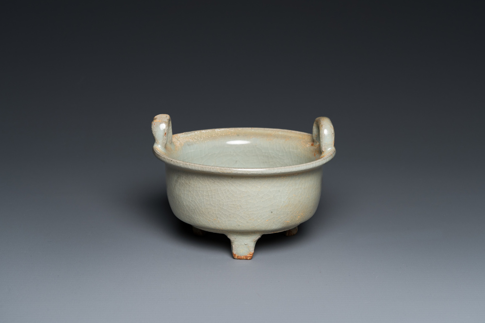 A Chinese celadon-glazed tripod censer with kintsugi repair, Song