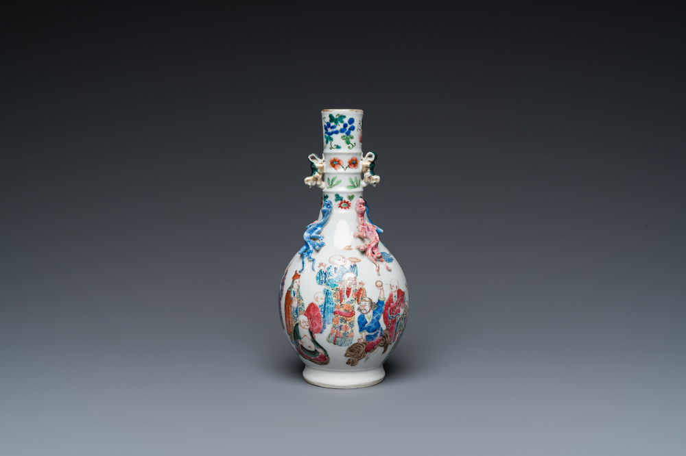 A Chinese famille rose '18 Luohans' bottle vase, 19th C.