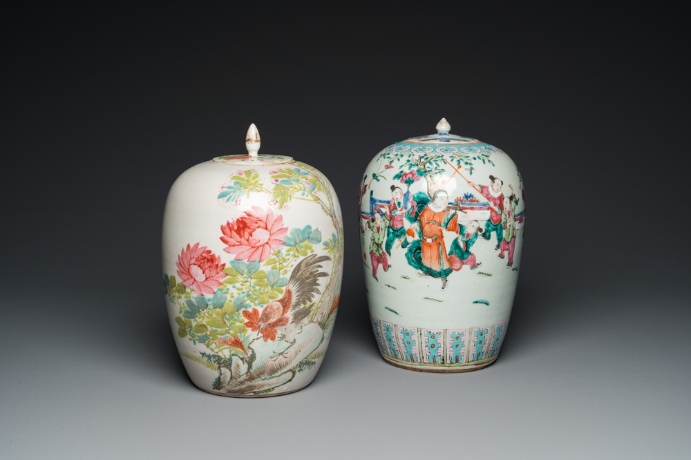 Deux pots couverts en porcelaine de Chine famille rose et qianjiang cai, 19&egrave;me