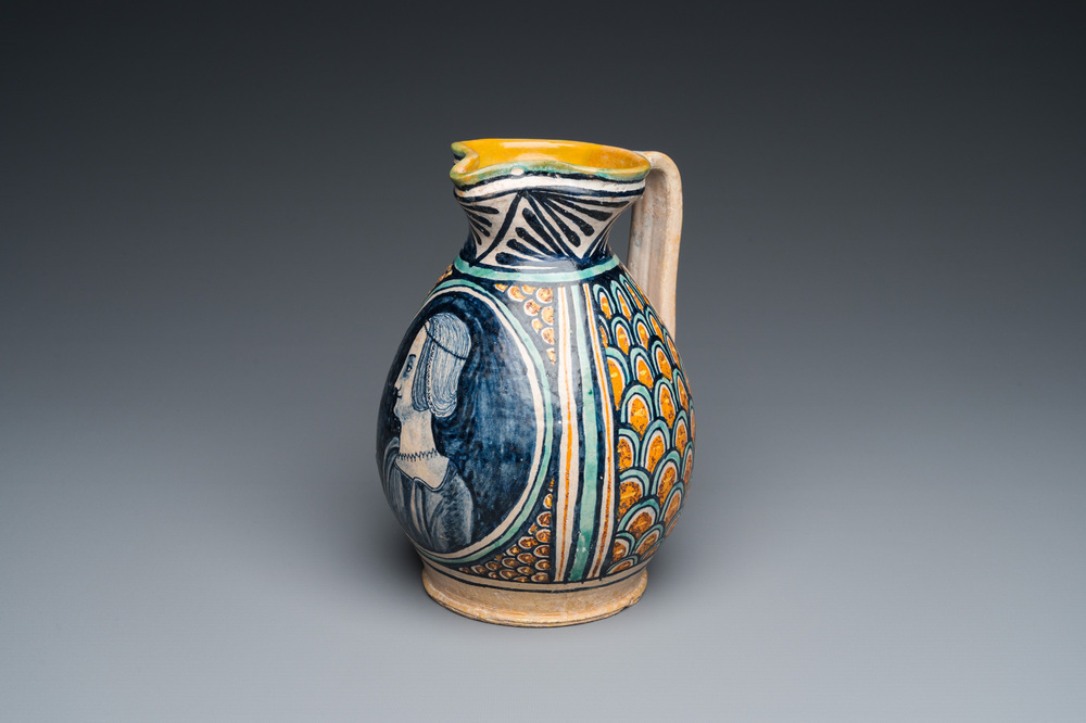 A polychrome Italian maiolica 'Bella Donna' ewer, Deruta, 15/16th C.