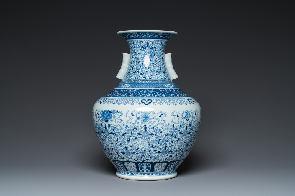 A large Chinese blue and white 'hu' vase with bajixiang design, Qianlong mark, Republic