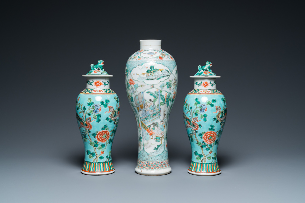 Three Chinese famille verte vases, 19th C.