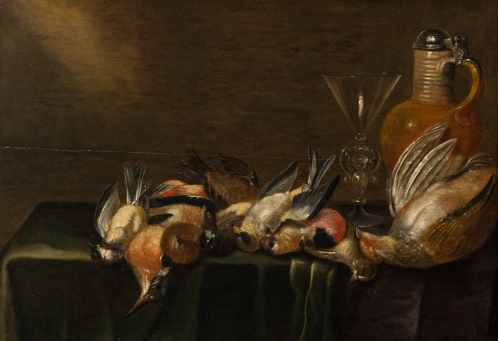 Suiveur de Alexander Adriaenssen (1587-1661): Nature morte aux oiseaux, huile sur panneau, 17&egrave;me