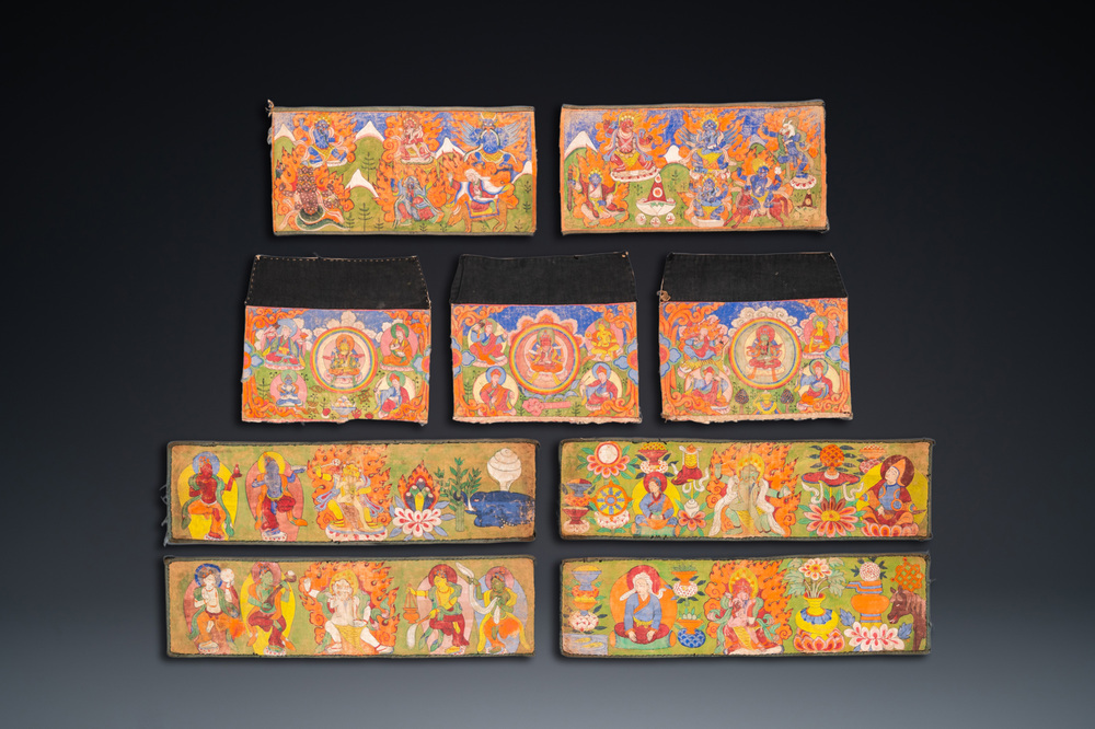 Nine Tibetan votive paintings on cotton, 19th C.