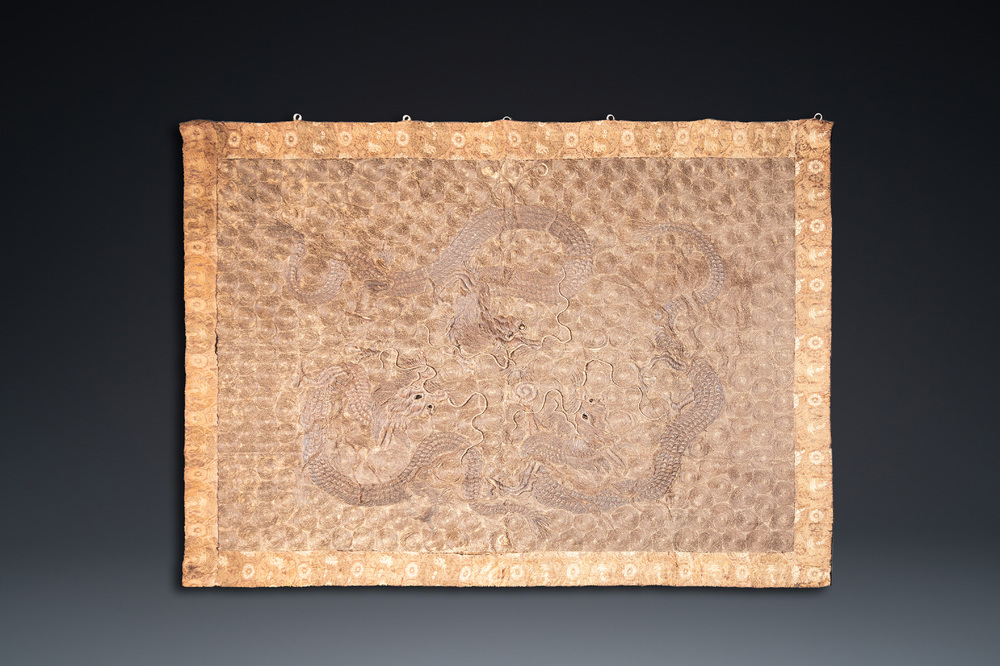 A large Japanese metal-thread-embroidered 'three dragons' wall tapestry, Edo, 18/19th C.