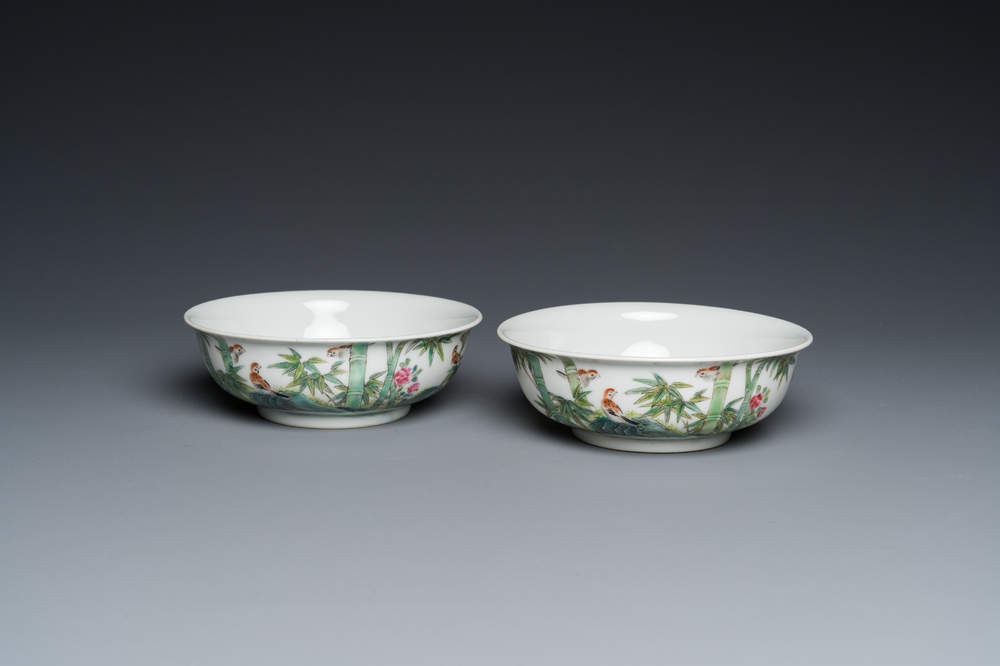 A pair of Chinese famille rose bowls with birds on bamboo branches, Yongzheng mark, probably Republic