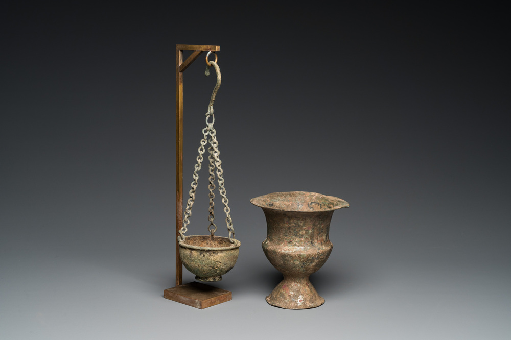 A Byzantine or Roman bronze vase and a hanging incense burner, 5/7th C.
